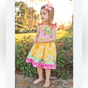 Cheeky Plum Bright Floral Geometric‎ Striped Ruffle Dress 2T yellow blue green